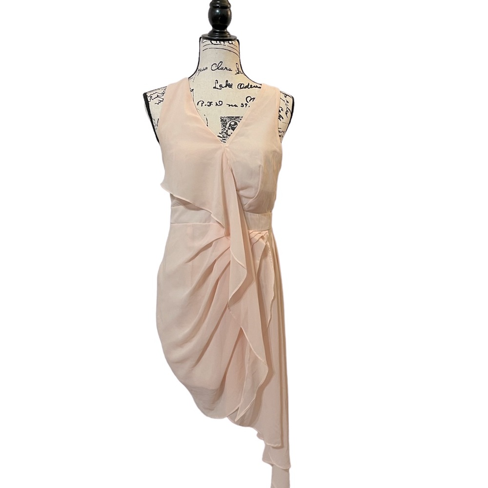 Lulu’s blush pink asymmetrical hi-low draped pleated dress, size L